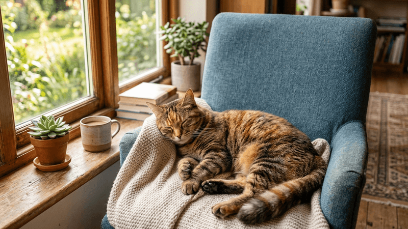 Tabby cat lounging contentedly on a cozy armchair by the window