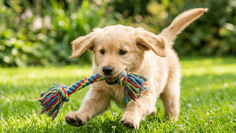 Adorable puppy playing with a toy on a grassy lawn